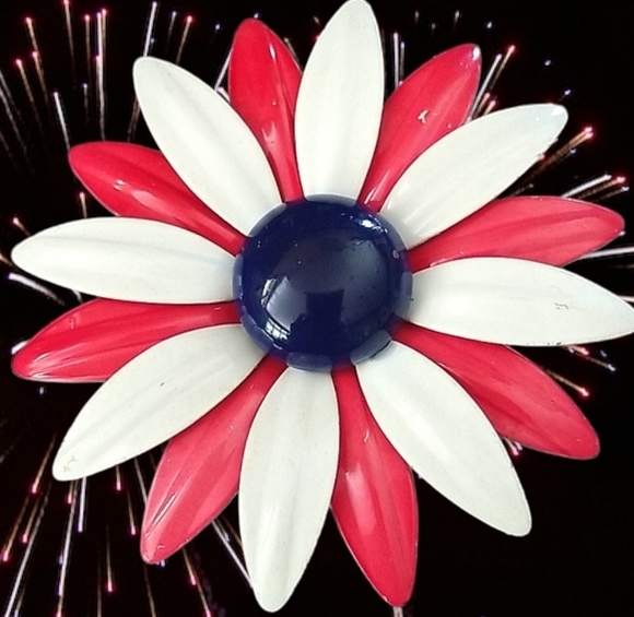 Vintage Jewelry - Vintage Mid Century Large Red White and Blue Enamel Metal Daisy Brooch Pin